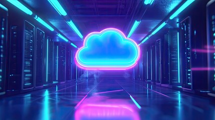Image of a modern data center aisle, with rows of server racks on each side.