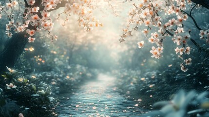 Wall Mural - Serene Pathway Through Blossom Filled Enchanted Forest