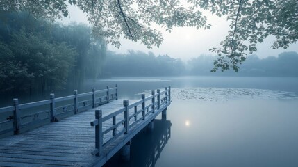 Poster - Serene Misty Morning Dock Over Calm Lake