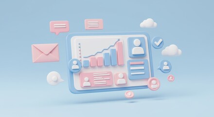 Poster - 3D tablet displaying a business analytics dashboard with bar charts, user icons, and text boxes in pastel pink and blue tones