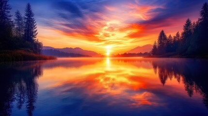 Wall Mural - Majestic Sunset over Serene Lake and Mountains