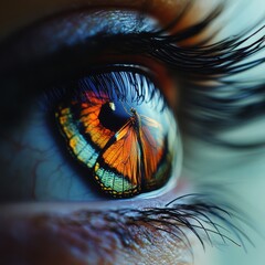 Poster - Macro shot of an eye with a colorful butterfly reflected in the iris