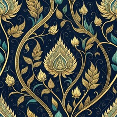 Wall Mural - A vibrant floral pattern featuring intricate gold and teal designs on a deep blue background.