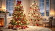 © Praphunsak - Snowy Christmas tree decorated with Fiocco rosso natalizio ornaments and lights in a cozy living room, Christmas