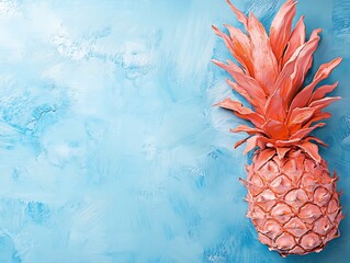 Wall Mural - Pastel Pink Pineapple on Blue Textured Background. AI Generated