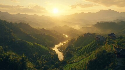 Canvas Print - Golden Sunrise Over Verdant Rice Terraces And Mountains