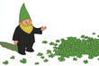 © Pakpong - cheerful gnome in green hat stands beside pile of clovers, celebrating nature