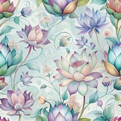 Wall Mural - A vibrant floral pattern featuring various lotus flowers and leaves in soft pastel colors on a light background.