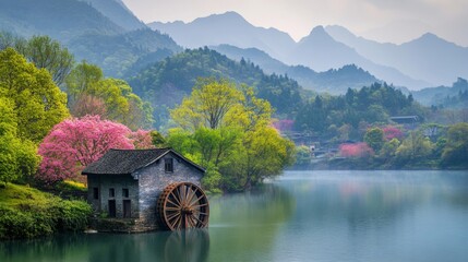 Poster - Serene Watermill nestled in a misty mountain valley