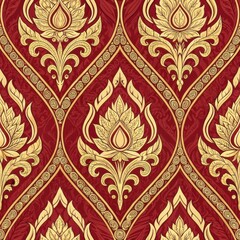 Wall Mural - A luxurious red and gold patterned textile design featuring ornate floral motifs, perfect for elegant decor or fashion applications.