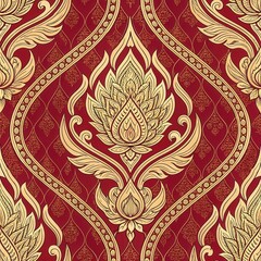 Wall Mural - A rich, ornate pattern featuring gold lotus motifs on a deep red background, embodying traditional elegance and intricate design.