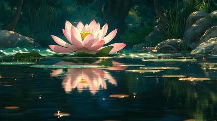 Wall Mural - Pink Lotus Flower Blooms Serene Pond Water Reflection