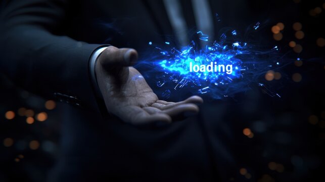 Hand Holding a Glowing Loading Text