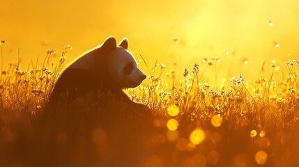 Wall Mural - Golden Sunset Silhouette Of Panda In Meadow Flowers