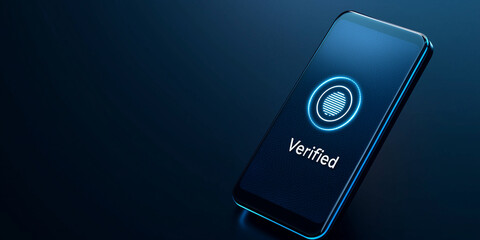 Poster - Modern smartphone displaying fingerprint verification with blue glow on a dark background, symbolizing advanced security and identity protection