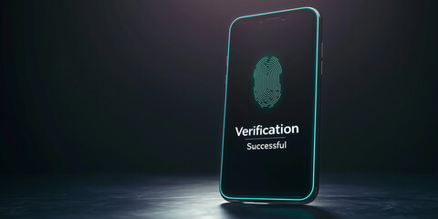 Poster - Modern Smartphone Displaying Successful Verification Message with Fingerprint Authentication on Dark Background for Technology and Security Themes