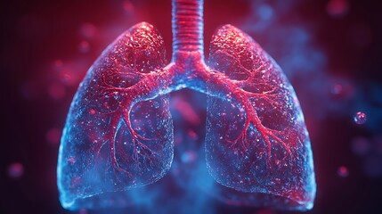 Poster - 3d rendering of human lungs showing signs of pulmonary diseases such asthma bronchitis highlighted vibrant detail Set against gradient red and blue background symbolizing respiratory health challenges