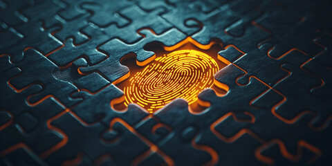 Poster - Abstract Concept of Unique Identity Represented by Fingerprint Puzzle Piece in Dark Background Highlighting Personalization and Security Themes