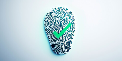 Poster - Abstract concept of digital security featuring a fingerprint with a green check mark symbolizing verification and trust in technology usage and data protection