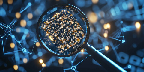 Poster - Magnifying Glass Focuses on Digital Data Patterns Amidst a Futuristic Technological Background of Lights and Connections