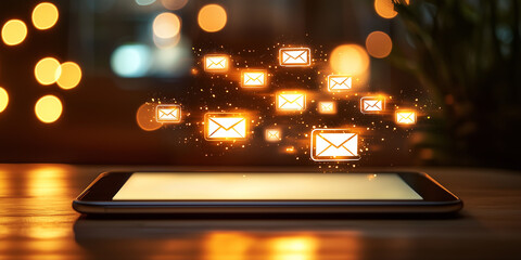 Poster - Floating glowing email icons above modern smartphone on wooden table in cozy atmosphere with bokeh lights in the background