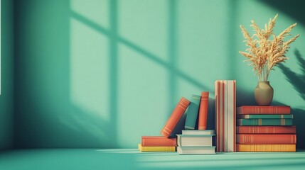 Poster - 3d render of an elearning environment with books stacked next to a digital bookshelf set against a bright green minimalistic background capturing the essence of online education