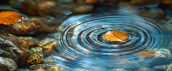 Fototapete - Autumn leaf creating ripples in a calm stream.