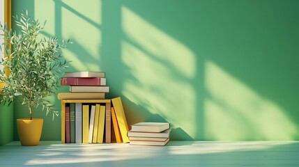 Poster - 3d render of an elearning environment with books stacked next to a digital bookshelf set against a b