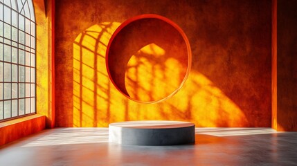 Poster - 3d studio room featuring a vibrant orange background with an empty floor and wall showcasing a product podium bathed in sunlight casting soft shadows from a window onto the countertop