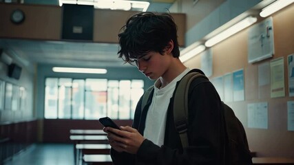 Alone teen boy play game on cell mobile phone. Male teenager enjoys gaming on smartphone. School background. Gameplay addiction. Modern digital entertainment. leisure, youth culture.