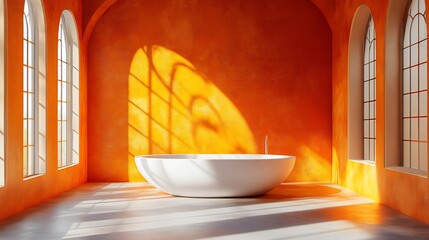 Poster - 3d studio room featuring a vibrant orange background with an empty floor and wall showcasing a product podium bathed in sunlight casting soft shadows from a window onto the countertop