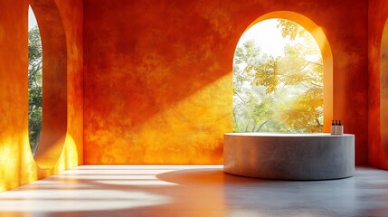 Poster - 3d studio room featuring a vibrant orange background with an empty floor and wall showcasing a product podium bathed in sunlight casting soft shadows from a window onto the countertop