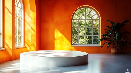 Poster - 3d studio room featuring a vibrant orange background with an empty floor and wall showcasing a product podium bathed in sunlight casting soft shadows from a window onto the countertop