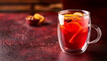 punch drink in transparent cup, restaurant table background, copy space