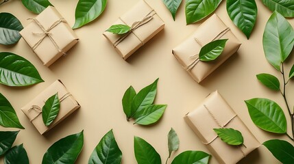 Poster - Beautifully arranged scene featuring ecofriendly brown paper packaging adorned with vibrant green leaves set against a soft neutral background to highlight sustainability and organic products