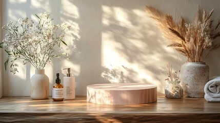 Poster - Beautifully arranged wooden countertop featuring a soft pink podium in a bathroom setting sunlight streaming through a window perfect for showcasing a beauty product mockup