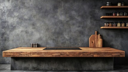 Poster - Beautifully crafted wood countertop in a modern kitchen set against a dark concrete wall background This empty wooden table serves as a 3D podium for product advertising perfect for design mockups