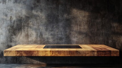 Poster - Beautifully crafted wood countertop in a modern kitchen set against a dark concrete wall background This empty wooden table serves as a 3D podium for product advertising perfect for design mockups