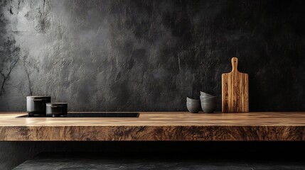 Poster - Beautifully crafted wood countertop in a modern kitchen set against a dark concrete wall background This empty wooden table serves as a 3D podium for product advertising perfect for design mockups