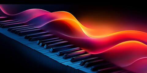 Poster - Piano Keys Embrace Fiery Abstract Wave: A Vibrant Composition