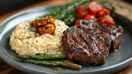 Poster - Beautifully plated dish featuring grilled lamb chops served alongside creamy risotto and charred asparagus showcasing tender meat and fresh vegetables on a sophisticated dinner plate