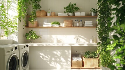 Poster - Bright and airy laundry room featuring a pristine white countertop perfect for product presentation surrounded by a washing machine shelves filled with clothes and vibrant green plants