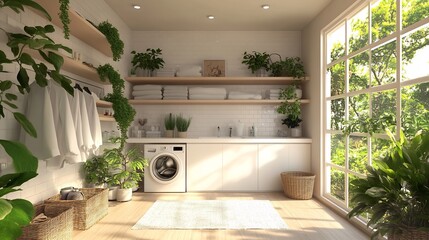 Poster - Bright and airy laundry room featuring a pristine white countertop perfect for product presentation surrounded by a washing machine shelves filled with clothes and vibrant green plants