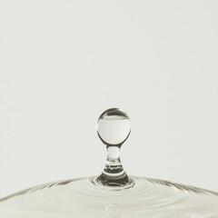 Poster - Water Drop Impact: A mesmerizing close-up of a water droplet perched on a ripple, captured in a minimalist composition. The droplet's translucent form reflects the surrounding light.
