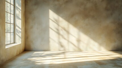 Poster - Bright empty room featuring a textured beige wall where gentle sunlight filters through a window producing intricate shadows and a serene ambiance enhanced by white rays of light
