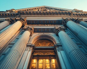 Poster - Majestic building entrance with classical columns and ornate details at sunset.