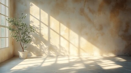 Poster - Bright empty room featuring a textured beige wall where gentle sunlight filters through a window producing intricate shadows and a serene ambiance enhanced by white rays of light