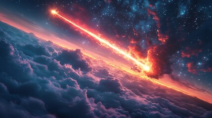 Poster - Bright meteor streaking through the twilight sky surrounded by twinkling stars its fiery tail leaving a luminous vapor trail that lights up the clouds below in a breathtaking cosmic display