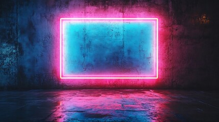 Poster - Bright neon blue rectangular frame with a cyan light border casting a soft fluorescent glow on a dark textured concrete wall evoking a vibrant futuristic ambiance