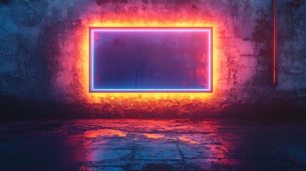 Poster - Bright neon blue rectangular frame with a cyan light border casting a soft fluorescent glow on a dark textured concrete wall evoking a vibrant futuristic ambiance